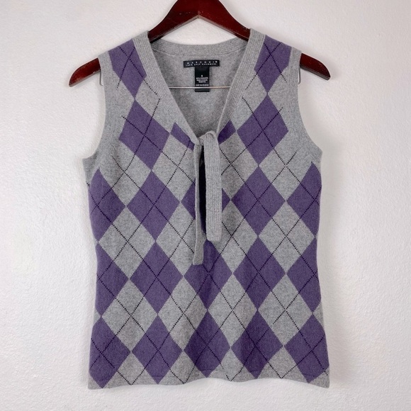 MARCONI 2 Ply Cashmere Pullover Vest in Grey Purple Plaid Size Small - Picture 1 of 10